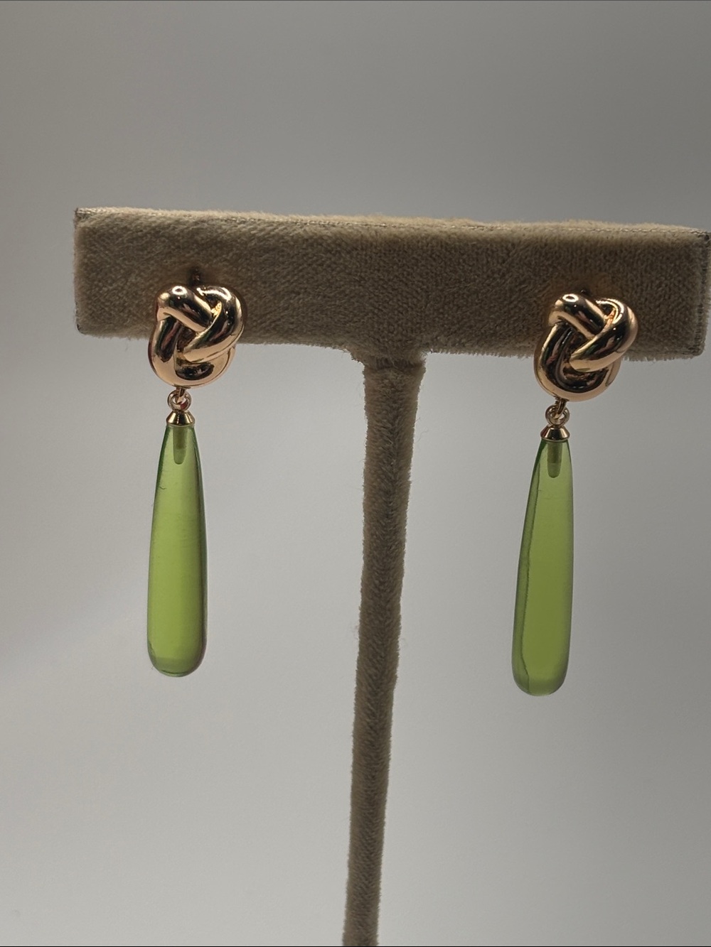 Gold Knot Drop Earrings with Olive Green Glass Teardrops